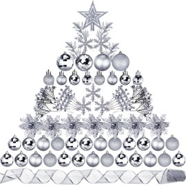 Sratte 94 Pcs Christmas Tree Decorations Set, Christmas Tree Ball Ornaments Christmas Glitter Poinsettia Flowers Decorations Glitter Berries Stems for Xmas Holiday Wedding(Silver)