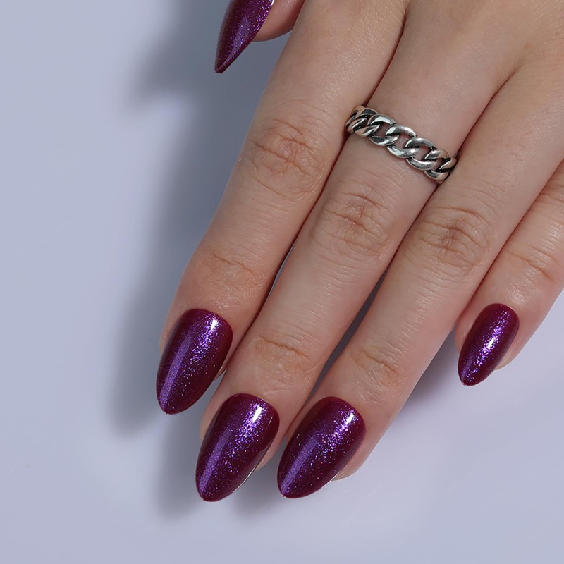 Handmade Press on Nails-Plum Purple Cat Eye Medium Almond Fake