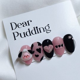 [Handmade Nail Tips] Pink Cow Nail Tips - Petit Almond / [수제네일팁] 핑크카우 네일팁 - 쁘띠아몬드