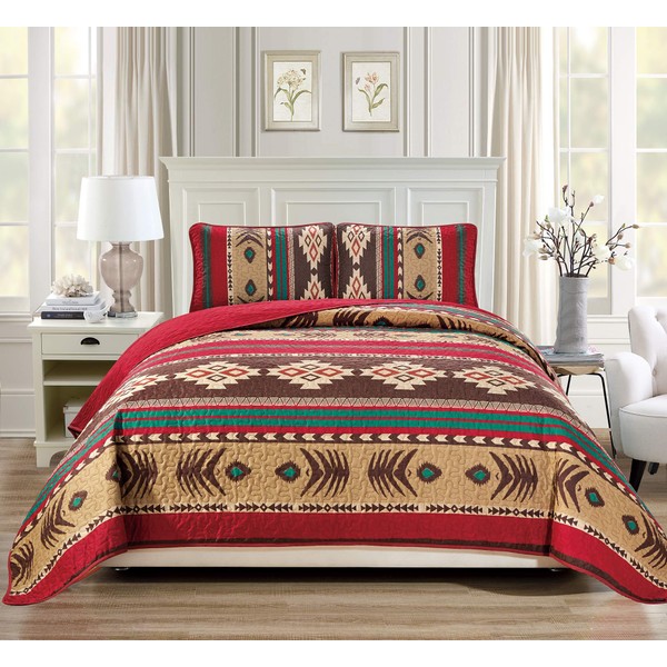 Rugs 4 Less Western Southwestern Native American Tribal Navajo Design Oversize Quilted Bedspread in Brown Green and Burgundy Mojave (King/Cal-King)