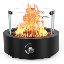 Onlyfire Tabletop Gas Fire Pit with Glass Wind Guard and Lava Rocks, Portable Outdoor Smokeless Fireplace, Side-Mounted Propane Firepit for Patio Backyard Bonfire Party, Black, FP038