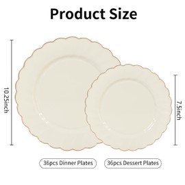 ISFANGCO 72PCS Ivory Plastic Plates Set for 36 Guests, Heavy Duty Scalloped Disposable Plate with Rose Gold Rim for Wedding Party, 36 Dinner Plates 10.25"& 36 Dessert Plates 7.25"