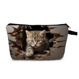 MoCaliduccious Cat Print Cosmetic Bag Crackled Wall Adventure Tabby Art Makeup Bag Vibrant Holiday Cheer & Birthday Surprise Gift for Cat Lovers Small Zipper Pet Lovers Gift