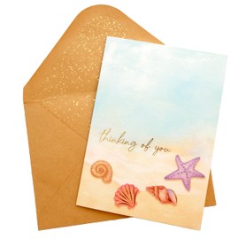 CHRIZ.Z Thinking of You Card - Single Hello Greeting Card on Textured Paper with Kraft Envelope - 5" x 7" - Blank Inside With Rose Gold Foil Design & Rose Gold Confetti Envelope (Beach)