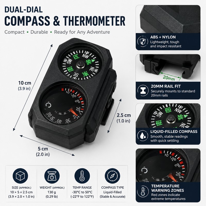 Mini Compass and Thermometer for 20mm Rails – Clip-On Outdoor