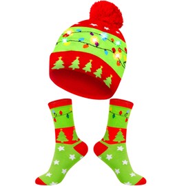 MGparty Christmas Hats Socks Winter LED Costume Light Up Beanie Knit Hat Crew Sock Holiday Party Favors for Adults Kids