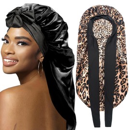 Sfunpu 2Pcs Bonnets for Black Women Braid Bonnet, Large Long Satin Bonnet for Braids, Silk Bonnet with Stretchy Tie Band Sleep Cap Hair (2Pcs-Black&Leopard) (UK, Alpha, One Size, Black & Leopard)