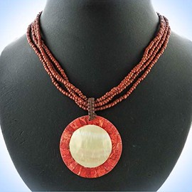 1 3/4" Necklace Round Red Coral Pearl Pendant Earthy Red Beads Unique Chic Crystal Rhinestone Elegant Jewelry Necklace for Women