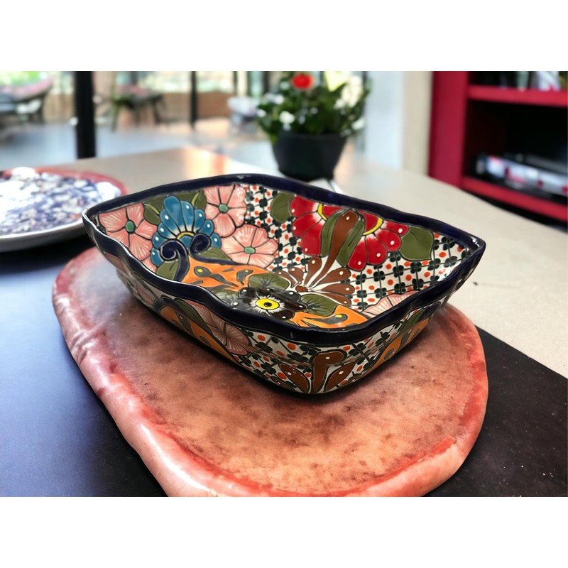 Colorful Talavera Scalloped XL Serving Dish | Mexican Pottery Casserole