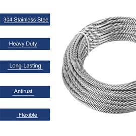 hannger 3/16 Stainless Steel Cable, 50ft Wire Rope, 7X 19 Strands, 3700lbs Breaking Strength, Marine Grade 304 Stainless Steel Aircraft Cable for Zipline, Deck Railing, Shade Sail