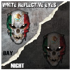 Decals by Haley Mexico Country Flag Skull Decal w/Reflective Eyes Mexican Pride for Car Truck SUV Body Side Window & Windshield - Army Military Decals for Helmet Hardhat Toolbox Latino Latina