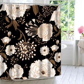MESHELLY Black and Gold Shower Curtain 72Wx72H Vintage Peony Flower Rustic Rose Floral Leave White Brown Shower Curtain for Bathroom Botanical Bath Curtain Fabric Bathroom Decor with 12 Hooks