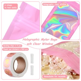 150-pack 4 x 6 in Holographic Mylar Bags with Clear Window Resealable Foil Pouches for Food Storage Smell Proof Edible Packaging Zip Bag for Cookies, Jewelry and Small Business, Thank You Stickers