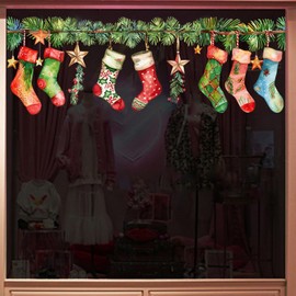 Christmas Wall Decals Winter Christmas Stockings Leaf Wall Stickers Removable Xmas Wall Decorations Christmas Window Clings Stickers for Kid Room Bedroom Living Room Christmas Party Wall Decor