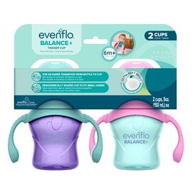 Evenflo Balance+ Trainer Cup with Ultra Soft Spout, Purple & Mint with Pink & Teal Handles, 5oz, 2 Pack, for 6+ Months