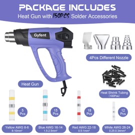 Gyfent Heat Gun with LCD Digital Display, 2000W 140°F~1112℉(60°C~600°C) Fast Heat Gun Variable Temp Control with 150Pcs Solder Accessories & 4Pcs Nozzles for Crafting Candle Making(5.9FT)