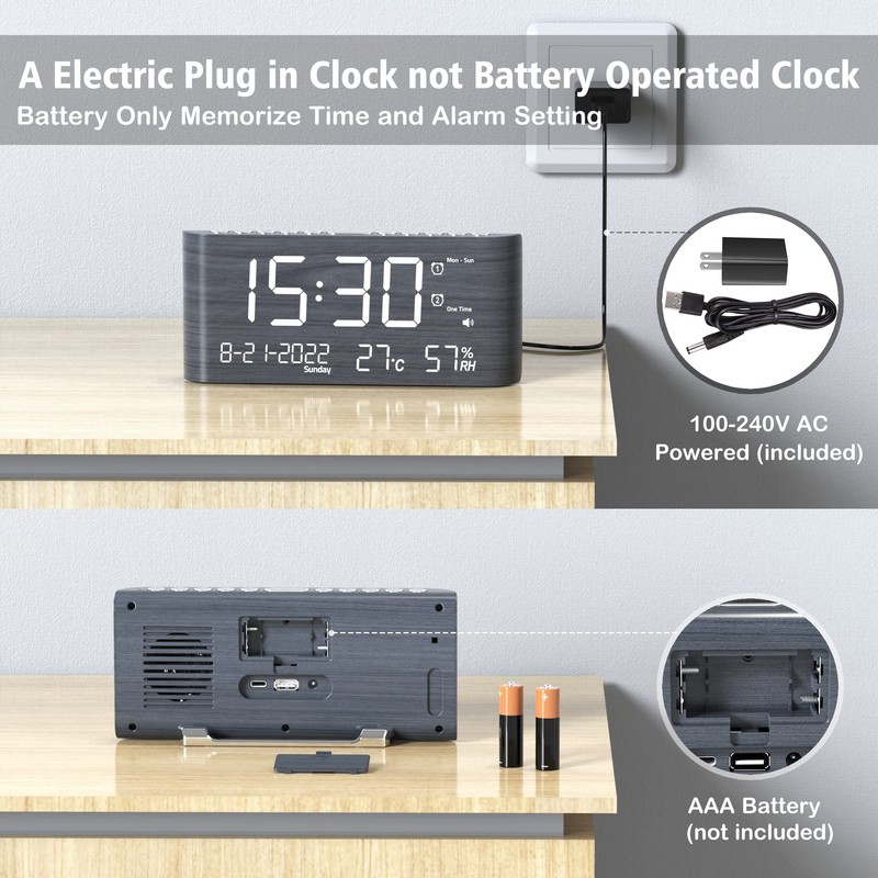 Mesqool Digital Alarm Clock, with Calendar Temperature and Humidity, Loud