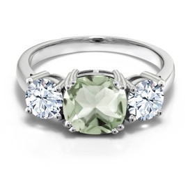 Gem Stone King 3.55 Cttw Green Prasiolite and White Zirconia 3-Stone Engagement Ring For Women | 925 Sterling Silver | Cushion 8MM | 3 Stone Wedding Engagement Anniversary Ring For Women (Size 6)
