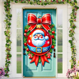 BlissYard Santa Ornament Door Banner 35x71 Inch Hanging Sign with HO HO HO Print and Red Bow for Front Door Wall Holiday Party Welcome Spring Fall Indoor Outdoor Decoration