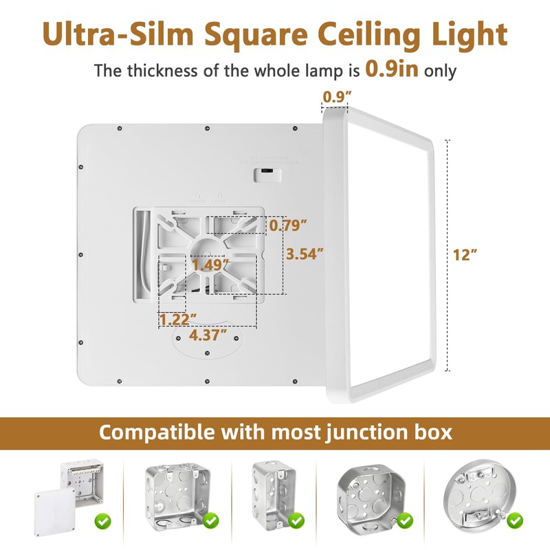 12 Inch Square LED Flush Mount Ceiling Light, 30W, 3000LM