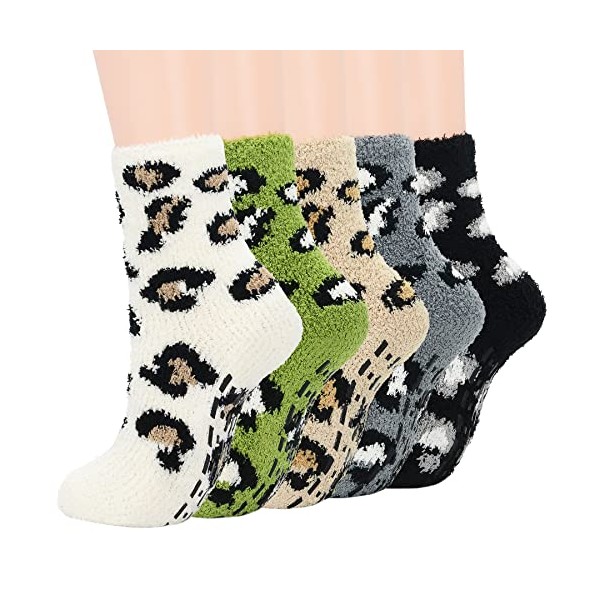 Zando Fuzzy Socks for Women Non Skid Grip Socks Warm Cozy Socks Non-Slip Yoga Socks with Grips Plush Slipper Socks Non Slip Hospital Socks Athletic Pilates Socks Sweet Home Socks 5/Printed Leopard