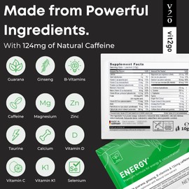 Vit2Go Natural Energy Drink Mix - 124mg Caffeine from Ginseng & Guarana | Sugar-Free, No Crash Pre-Workou Powder | B Vitamins, Magnesium & Zinc | Focus & Performance | Keto, Vegan | 30 Sachets