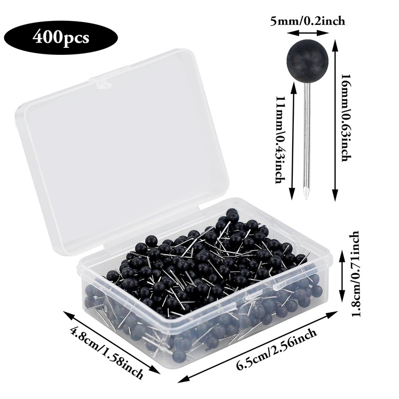 400 Pcs Round Push Pins,Map Push Pins Map Tacks,Black Round