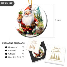 Gormcore Jolly Santa with Gifts and Trees Ceramic Round Ornament for Christmas Tree Winter Holiday Keepsake Gift Xmas Gift Ornament 3" Gift Box Included