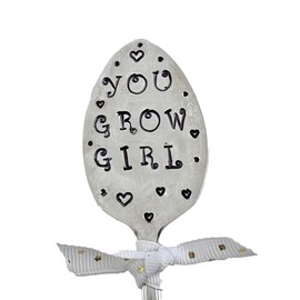 Garden Marker, You Grow Girl, Stamped Vintage spoon for flower pots, herbs, plants, Positive Message