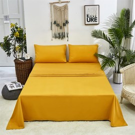 KAREVER Mustard Yellow Bed Sheet Set All Yellow 4 Pieces Yellow Bedding Sheet Set 1 Fitted Sheet 1 Flat Sheet with 2 Pillowcases Queen Size Women Men Yellow Bed Sheet Sets