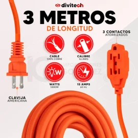 Extensión Eléctrica Uso Rudo Multicontacto 3 Metros Cable De Cobre Cal.16 Awg. Divitech Color Naranja 3 Tomas De Corriente