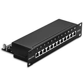 deleyCON CAT 6 Patch Panel Distribution Panel 12 Port - Desktop 10" Rack Mounting Server Mount - RJ45 - Shielded - TIA568A TIA568B Black
