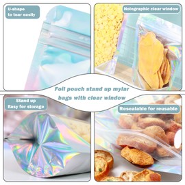 100-pack 7” x 10” Stand Up Mylar Bags with Clear Window Large Holographic Resealable Foil Pouches for Food Storage Smell Proof Edible Packaging Zip Bag for Small Business, 1 Quart Ziplock Bag Bulk