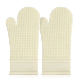 Wanbaker Silicone Oven Mitt Set 7"x14", Extra Long Oven Mitts Heat Resistant Non-Slip Quilted Liner Kitch Oven Gloves for BBQ, Baking, Cooking, Beige