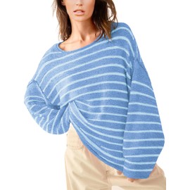 Outfeel Women's Oversized Striped Knit Sweater Loose Long Sleeve Drop Shoulder Pullover Sweatshirt Tops Blue Small