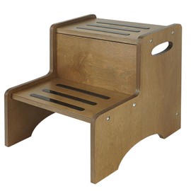 WOOD CITY Toddler Step Stool for Kids, Wooden Brown Two Step Children's Stool with Handles, Bonus Non-Slip Pads for Safety, Bathroom Potty Stool & Kitchen Step Stools Dual Height