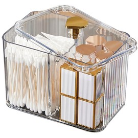 WIWIUXY Qtips Holder Bathroom Container,3-Section Cotton Ball/Swabs Dispenser,3 Grids Apothecary Jar Organizer, Cosmetics Storage for Vanity
