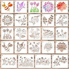 Grevosea 20 Piece Painting Stencils Set Wild Flowers Stencils Animal Painting Stencil Wall Design Reusable Drawing Stencil Small Stencils for Painting Furniture DIY Bag Decoration 13 x 13 cm