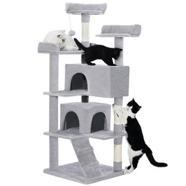 Made4Pets Cat Tree Tower 56in Cat Tower for Indoor Cats Kitten Tree Multi-Level Cat Tree with 2 Condo Furniture Activity Center with Scratching Posts Funny Toys Kittens Pet Play House, Light Grey
