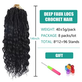 Faux Locs Crochet Hair for Black Women Goddess Locs Crochet Hair Pre Looped 14 Inch 8 Packs Soft Locs Crochet Braids With Curly Ends Deep Wave Hair Extensions(14 Inch/Pack of 8, 2#)