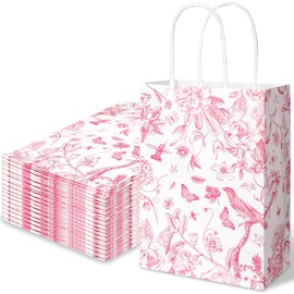 Whaline 16Pcs Floral Bird Paper Gift Bag Pink White Flower Party Favor Bag With Handle Decorative Goodie Candy Treat Bag For Party Supplies, 5.9 x 8.3 x 3.1 Inch