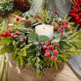 Christmas Candle Rings Wreath - 3.5" 8PCS, Christmas Table Centerpieces, Norfolk Pine Red Berry Pinecones Candle Rings, Candle Holder Table Decorations, Small Pine Garlands for Home Holiday Wedding