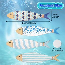 DOPENSPI Putuo Decor 4PCS Wooden Fish Wall Decor with Marine Stripes, 9.8x2.3in Vintage Beach Wall Decor Lake House Hanging Decor Fish Wall Sculpture Ocean Wall Art for Coastal Living Room Bathroom Be