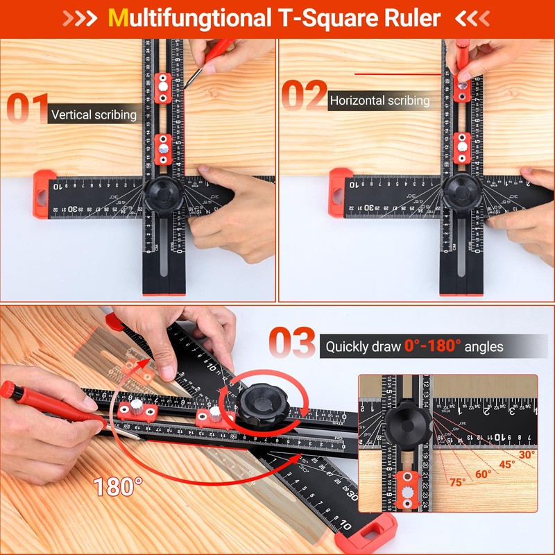 Preciva 4-in-1 Adjustable T Square Ruler - 14"/35cm Multifunctional Drilling