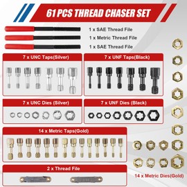 61Pcs Thread Repair Kit, UNC, UNF & Metric Thread Chaser Set, Rethread Repair Tool with Taps Dies Thread Files and Thread Pitch Gauge for Repair or Reshape Damaged Threads Bolts, Nuts and Screws