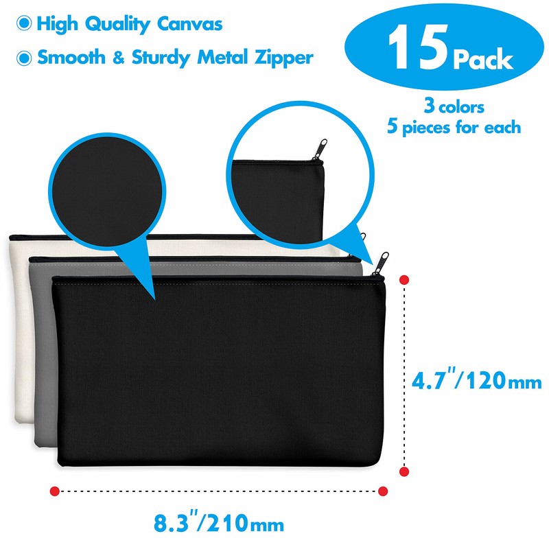 Vantasii Pack of 15 Empty Cotton/Canvas Zipper Bags, Black +