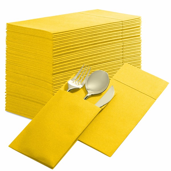 Disposable Linen-Feel Dinner Napkins with Built-in Flatware Pocket, 50-Pack YELLOW Prefolded Cloth Like Paper Napkins For Dinner, Wedding Or Party [Silverware NOT Included]