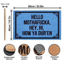 Hurdorak Doormat Hello Mothafucka, Hey, Hi, How Ya Dur'En Welcome Mats for Front Door Mat Non Slip Mats Indoor Decor Bathroom Mat Entrance Rug, 23.6 X 15.7 Inches, 6mm Thick, Blue