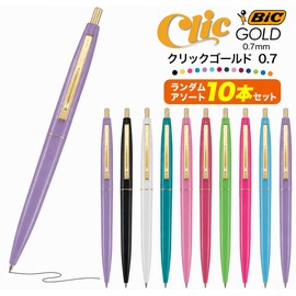 Easy-to-Write Popular BIC Black Oil-Based Ballpoint Pen, Click Gold, 0.7mm, Random Color Barrel Assortment, Set of 10