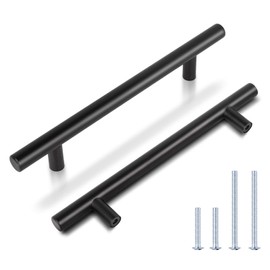 KNOBWELL 5 Pack Modern Stainless Steel Cabinet Handles, Euro Style Black Drawer Pulls, Kitchen Cabinet Handles, Hole Centers 5", Overall Length 7-1/2"